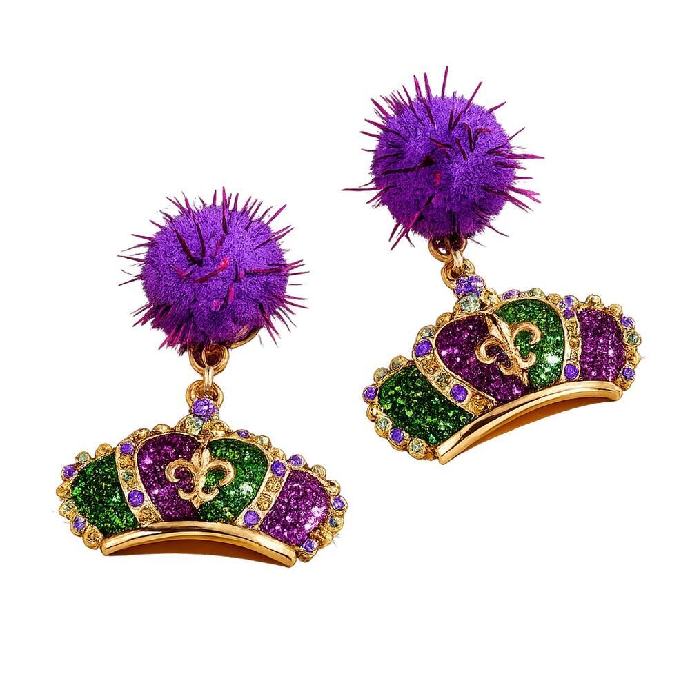 Mardi Gras Crown Pom Pom Drop Earrings | Glitter | Statement